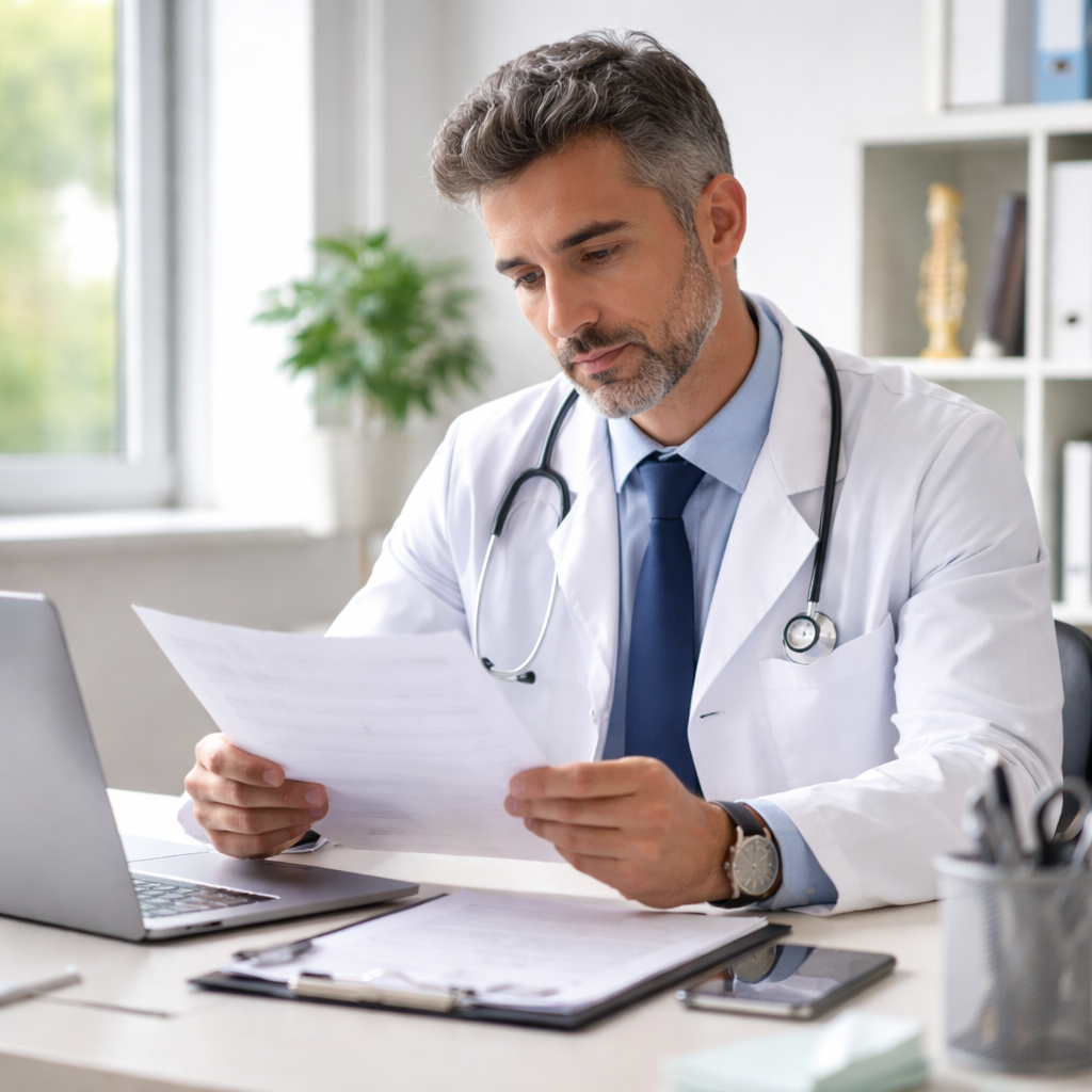 Clinician Reviewing Results on Paper