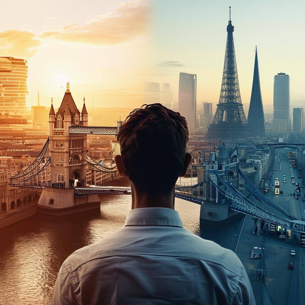 The image depicts a man, seen from behind, that looks out and sees Londons skyline with Tower Bridge to the left, Zurichs skyline in the middle and